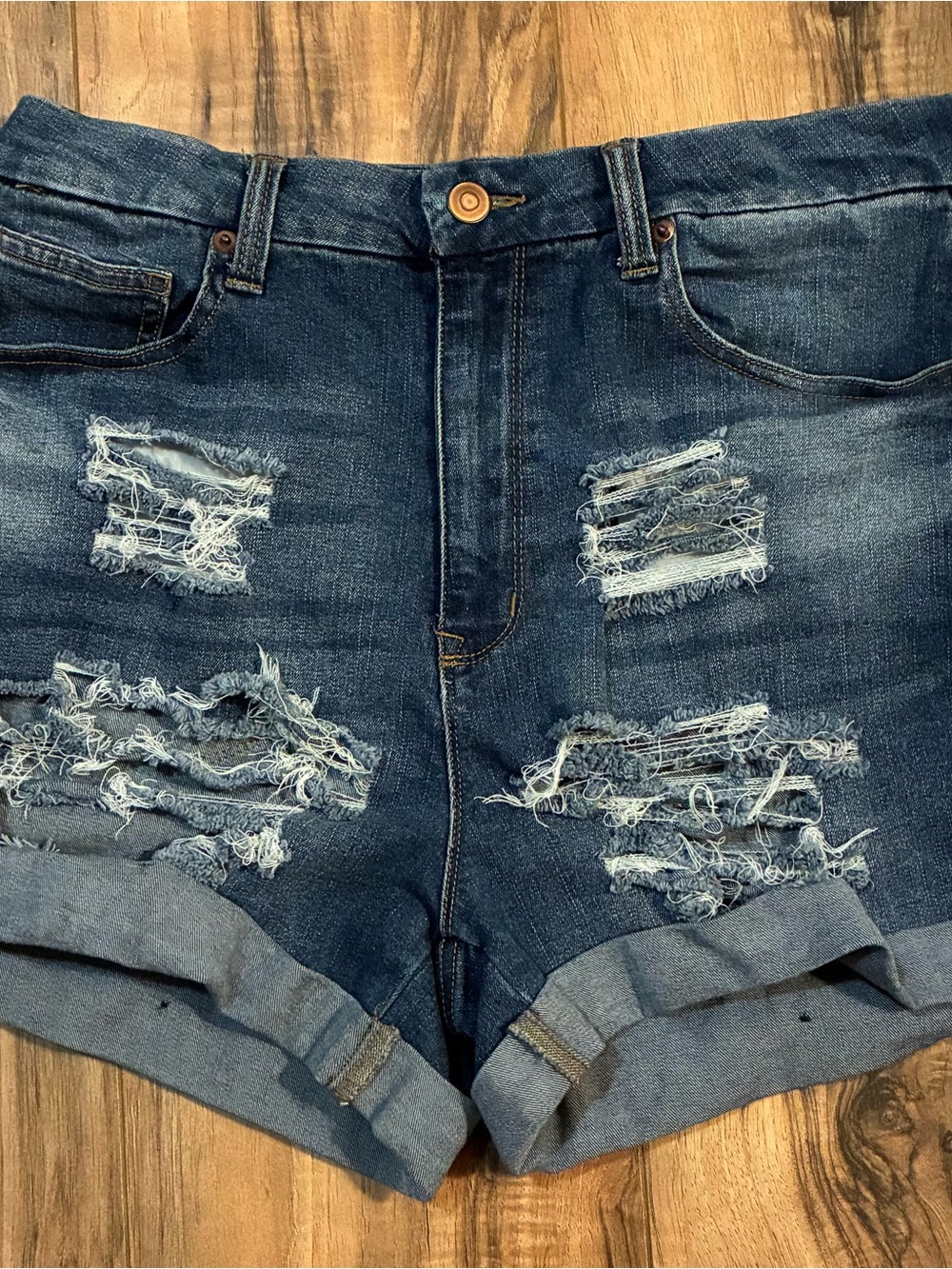 No Boundaries Distressed Rolled Hem Jean Shorts in Dark Blue